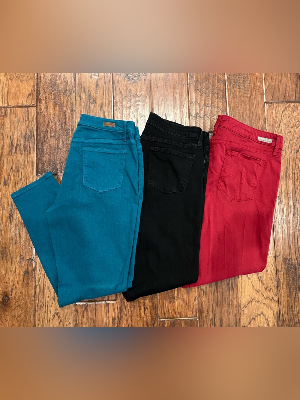 Colored Skinny Jeans Trio — Teal, Black & Burgundy